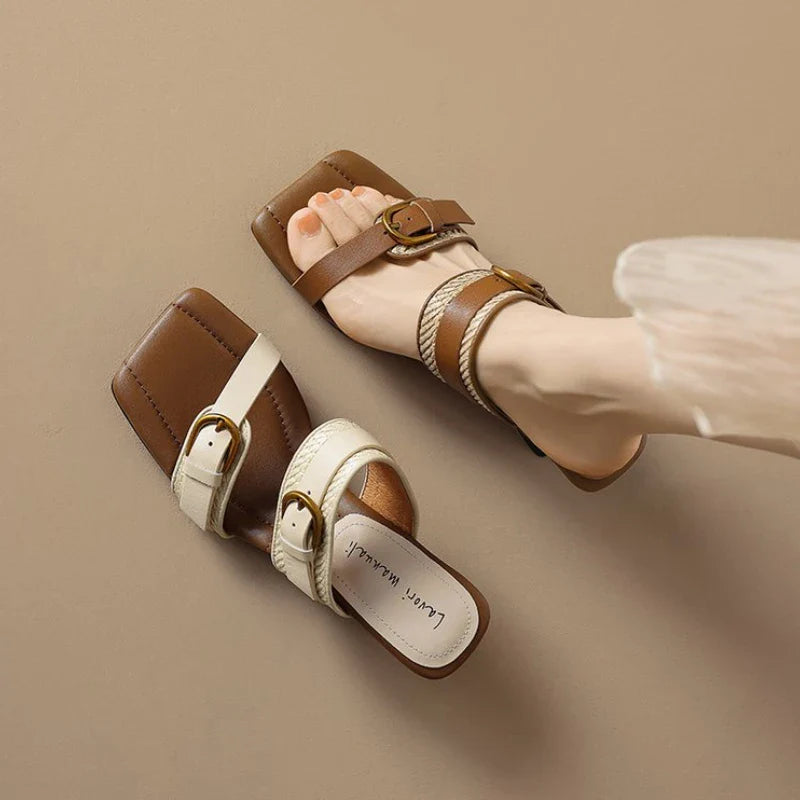 Braided Belt Buckle Open Toe Wedges
