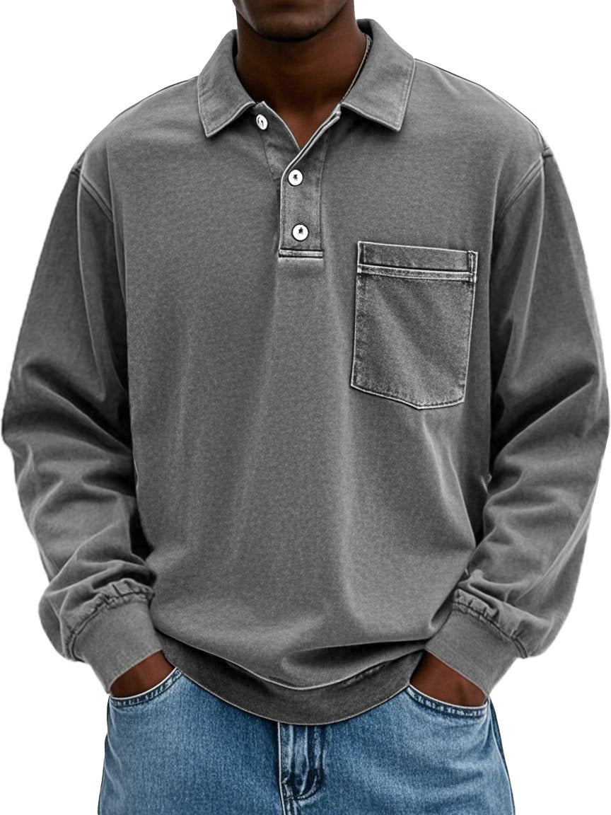 Men's Vintage Distressed Lapel Pocket Long Sleeve Polo Shirt
