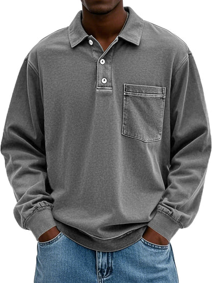 Men's Vintage Distressed Lapel Pocket Long Sleeve Polo Shirt
