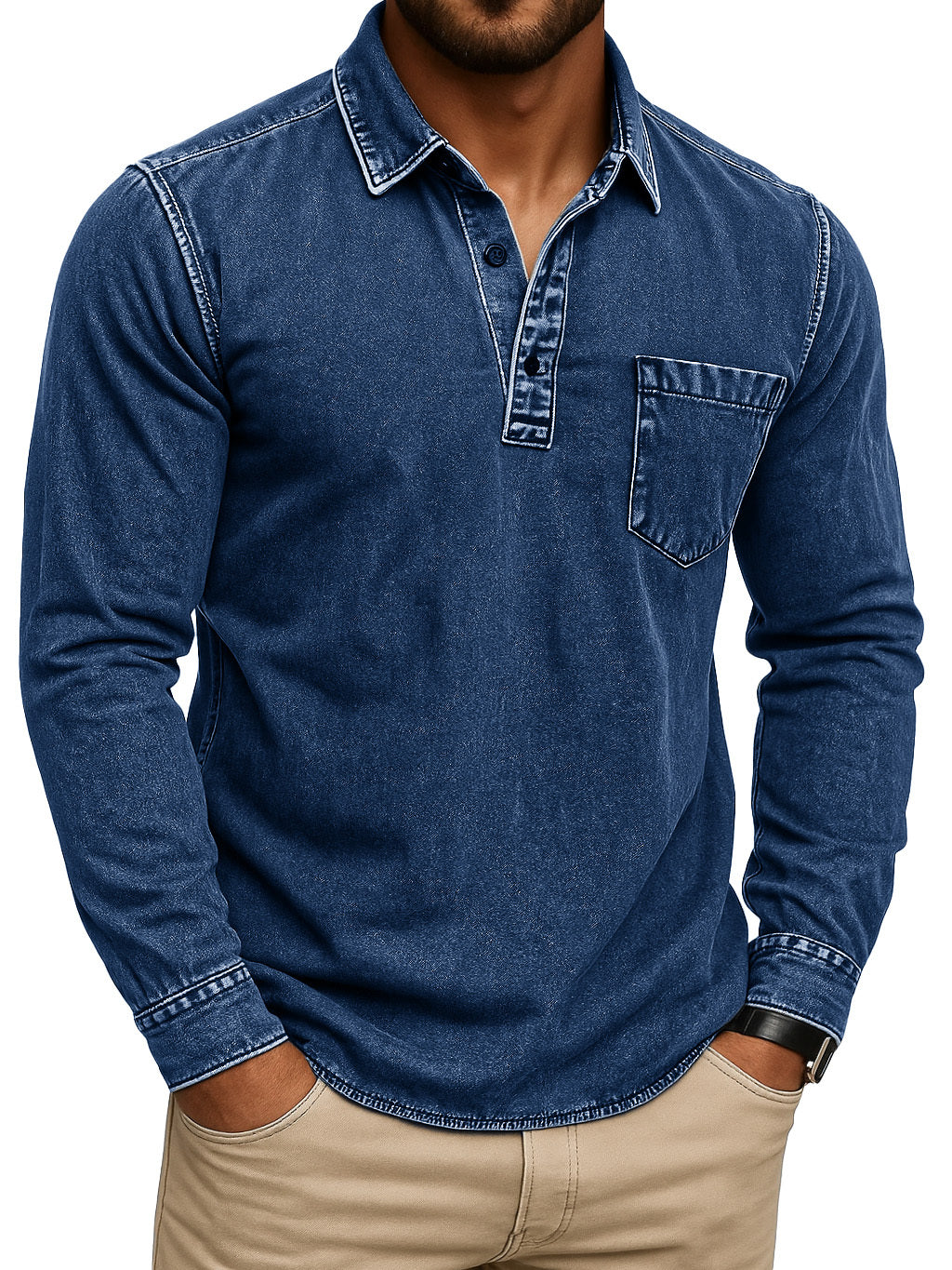 Men's Vintage-Inspired Outdoor Distressed Pocket Stand Collar Long Sleeve Polo Shirt