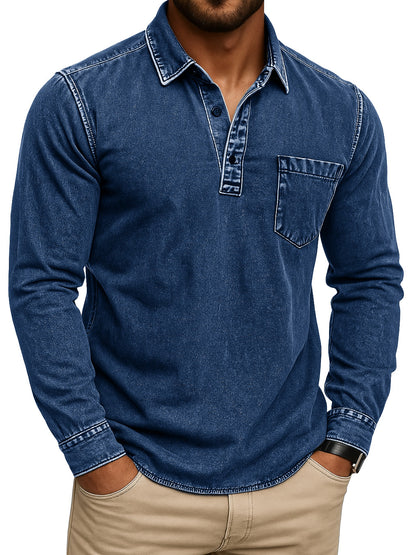 Men's Vintage-Inspired Outdoor Distressed Pocket Stand Collar Long Sleeve Polo Shirt