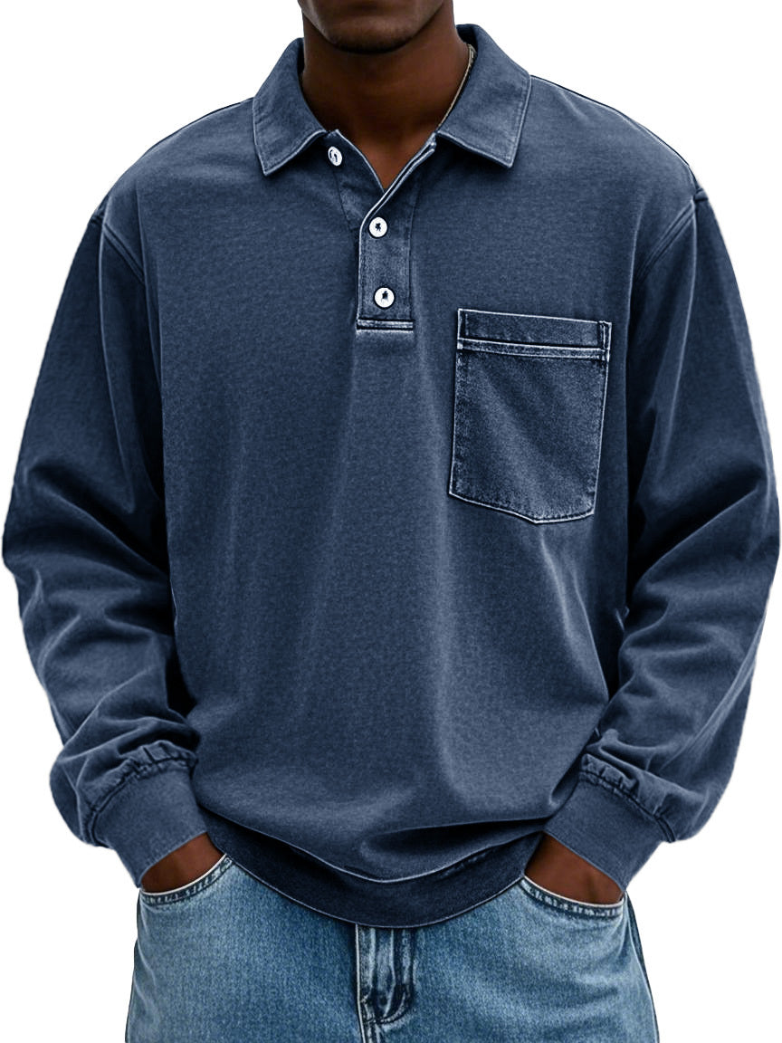Men's Vintage Distressed Lapel Pocket Long Sleeve Polo Shirt