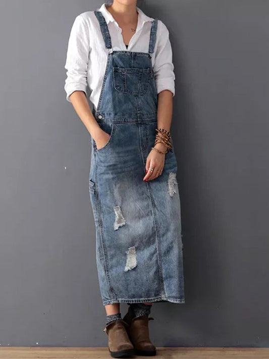 Newport Reserve I Distressed Denim Overall Dress with Back Slit