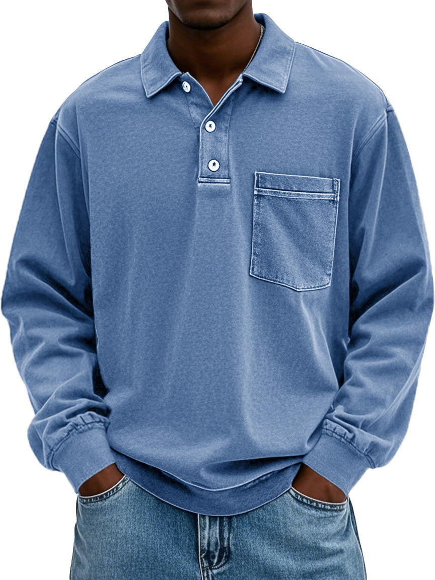 Men's Vintage Distressed Lapel Pocket Long Sleeve Polo Shirt