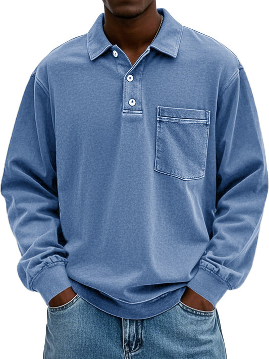 Men's Vintage Distressed Lapel Pocket Long Sleeve Polo Shirt