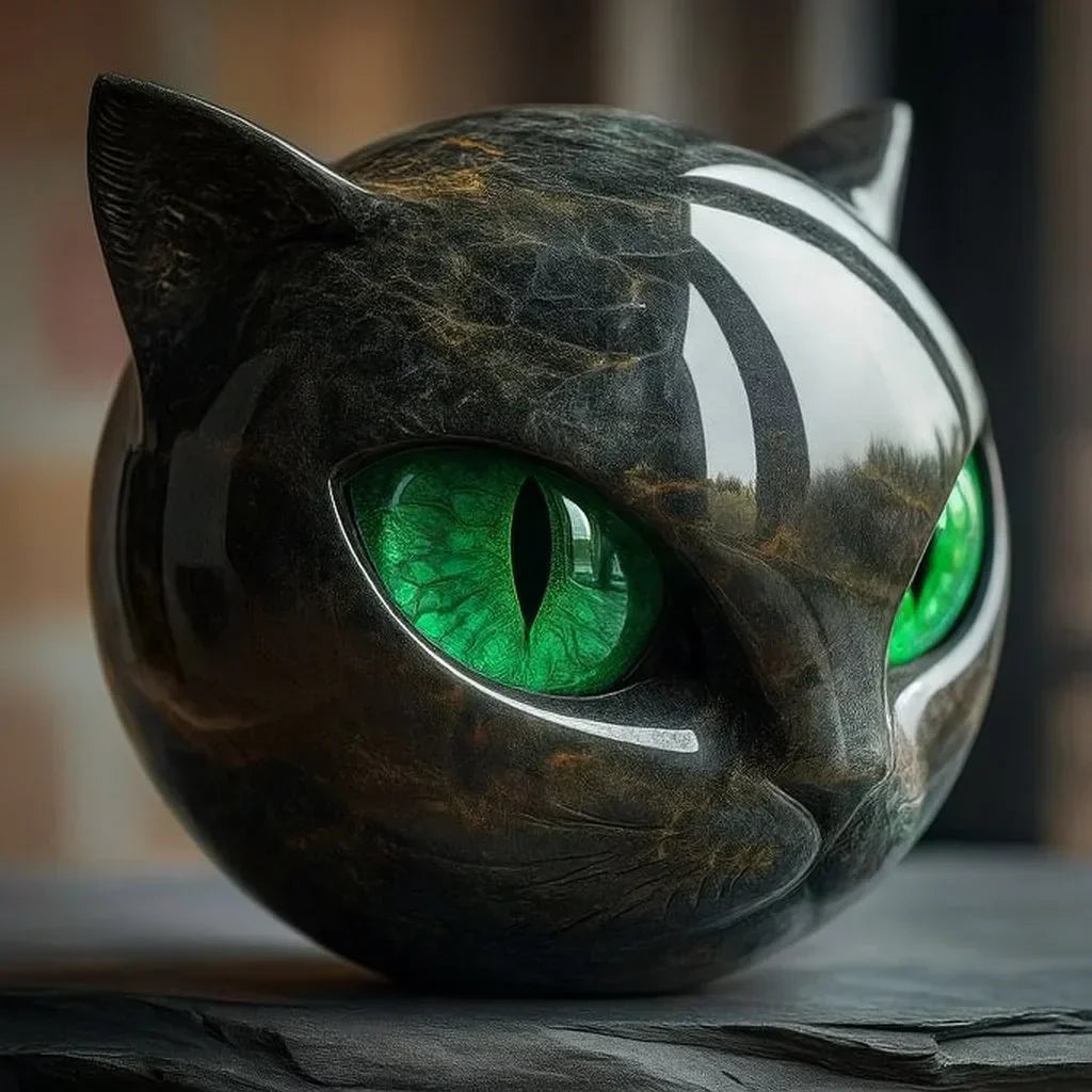 Mystical Black Cat Head Sculpture with Glossy Marble Finish