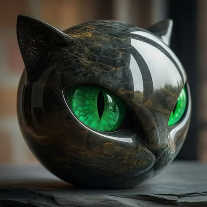 Mystical Black Cat Head Sculpture with Glossy Marble Finish