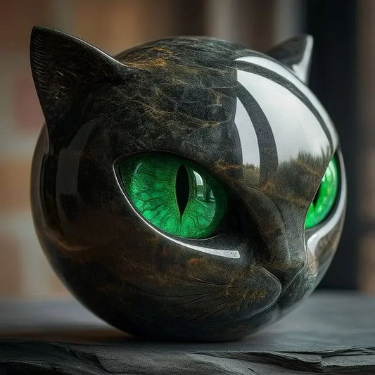 Mystical Black Cat Head Sculpture with Glossy Marble Finish
