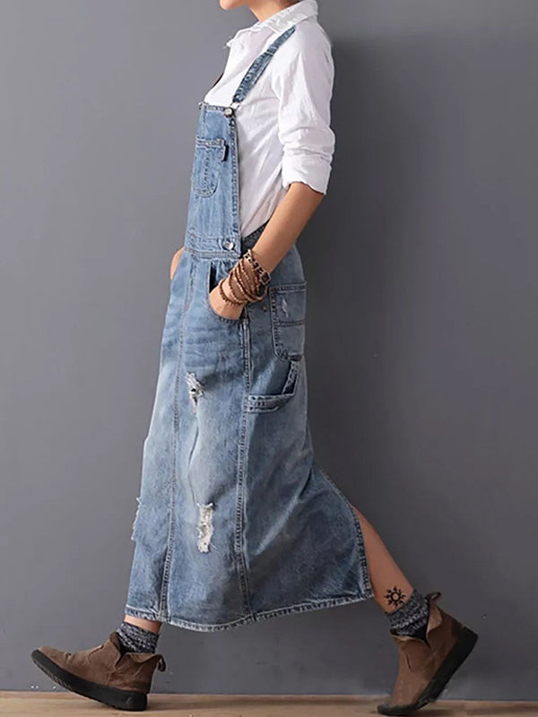 Newport Reserve I Distressed Denim Overall Dress with Back Slit