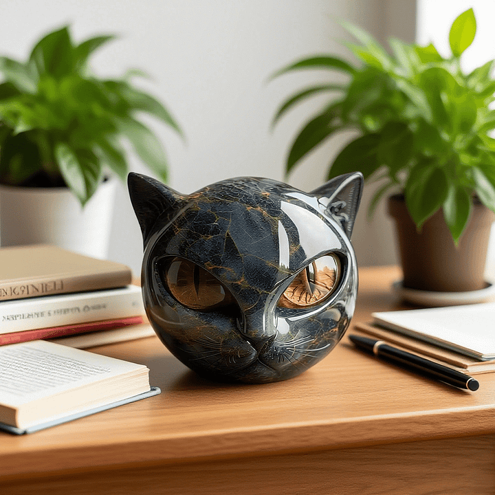 Mystical Black Cat Head Sculpture with Glossy Marble Finish
