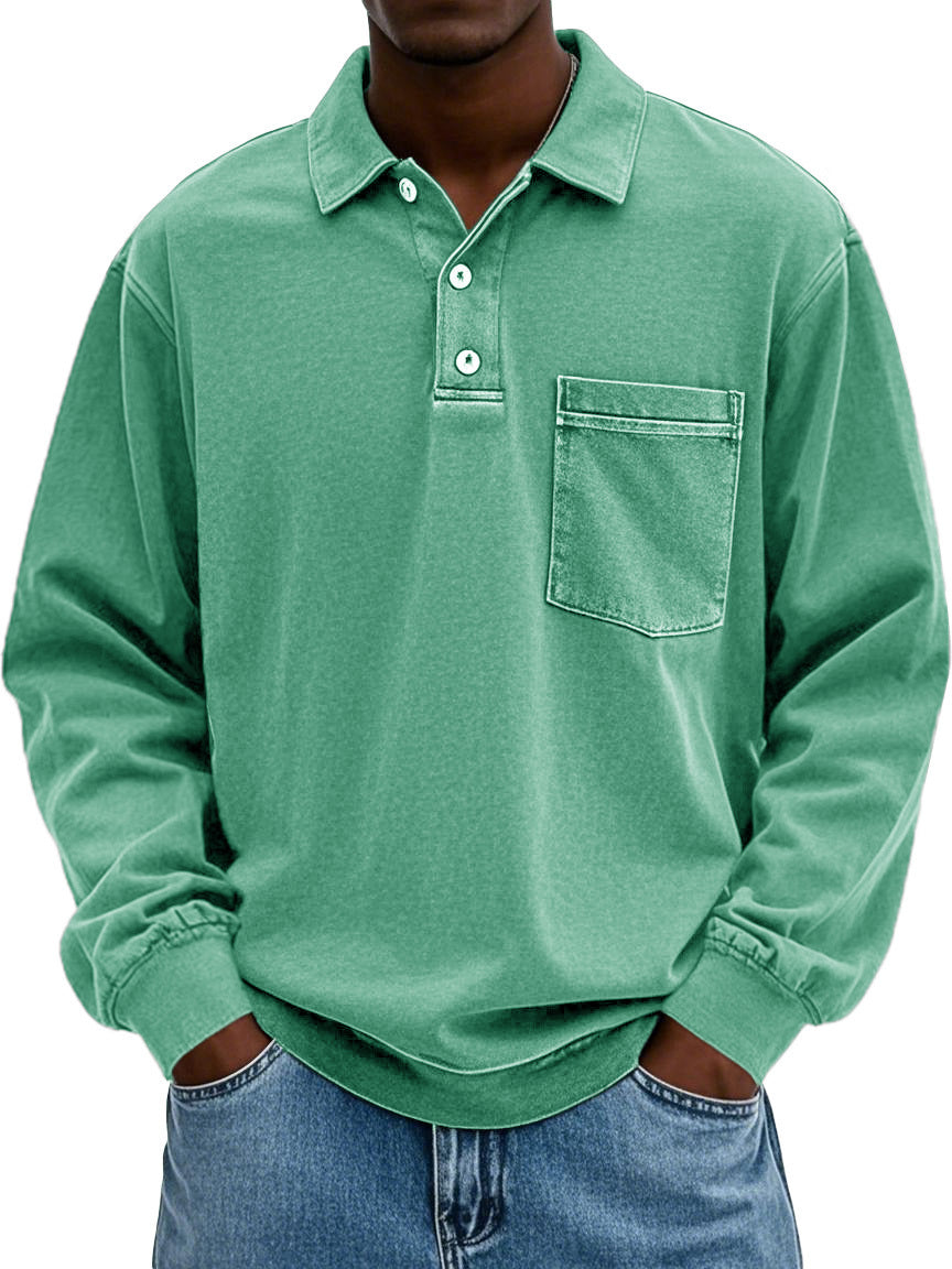 Men's Vintage Distressed Lapel Pocket Long Sleeve Polo Shirt