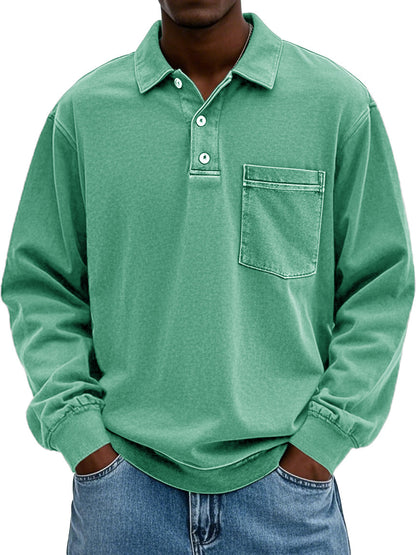 Men's Vintage Distressed Lapel Pocket Long Sleeve Polo Shirt
