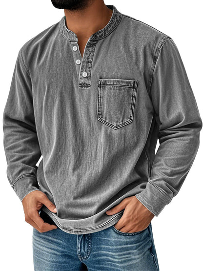 Men's Vintage Stand Collar Pocket Distressed Long Sleeve Henley Shirt