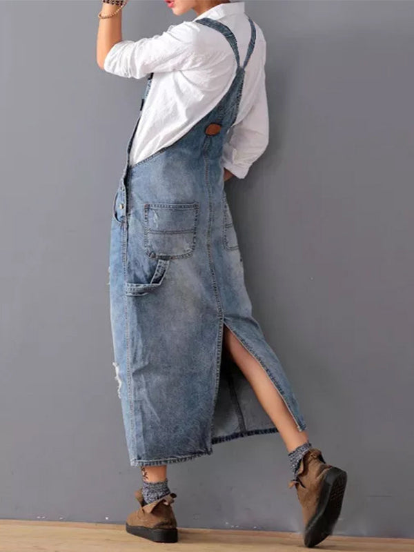 Newport Reserve I Distressed Denim Overall Dress with Back Slit