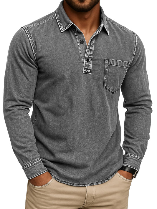 Men's Vintage-Inspired Outdoor Distressed Pocket Stand Collar Long Sleeve Polo Shirt