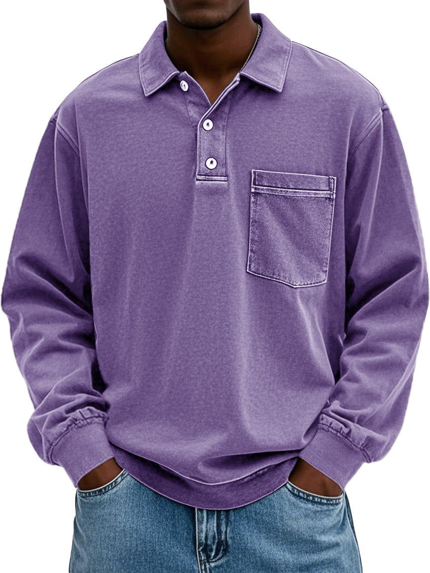 Men's Vintage Distressed Lapel Pocket Long Sleeve Polo Shirt