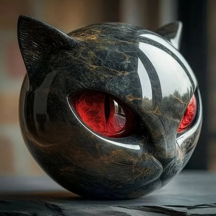 Mystical Black Cat Head Sculpture with Glossy Marble Finish