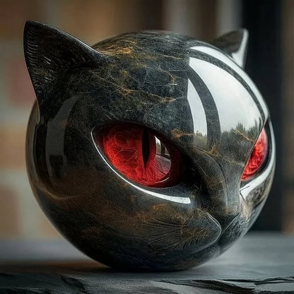 Mystical Black Cat Head Sculpture with Glossy Marble Finish