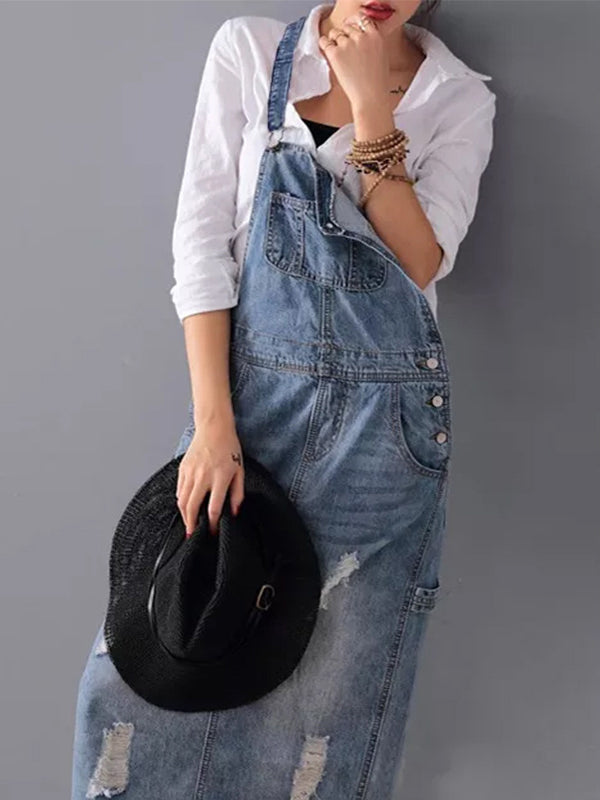 Newport Reserve I Distressed Denim Overall Dress with Back Slit
