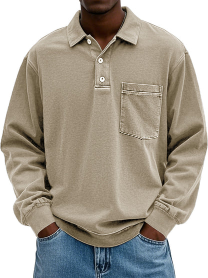 Men's Vintage Distressed Lapel Pocket Long Sleeve Polo Shirt