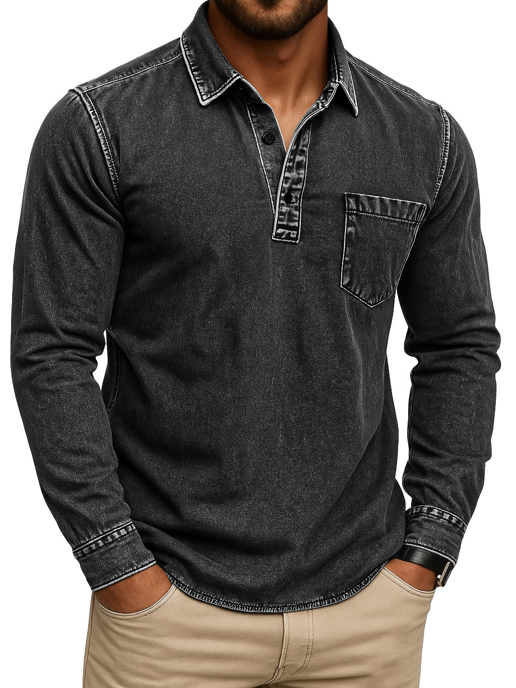 Men's Vintage-Inspired Outdoor Distressed Pocket Stand Collar Long Sleeve Polo Shirt