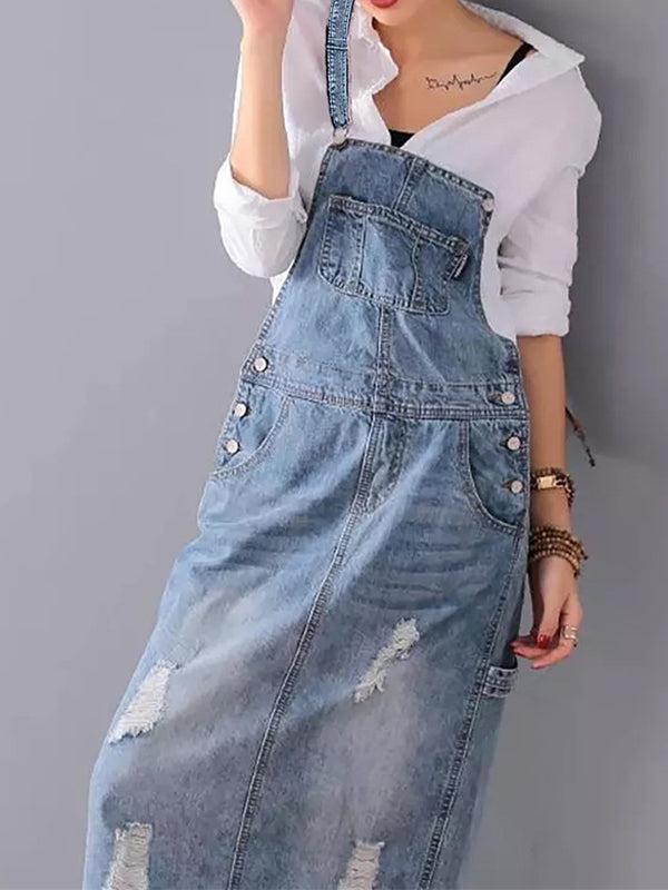 Newport Reserve I Distressed Denim Overall Dress with Back Slit