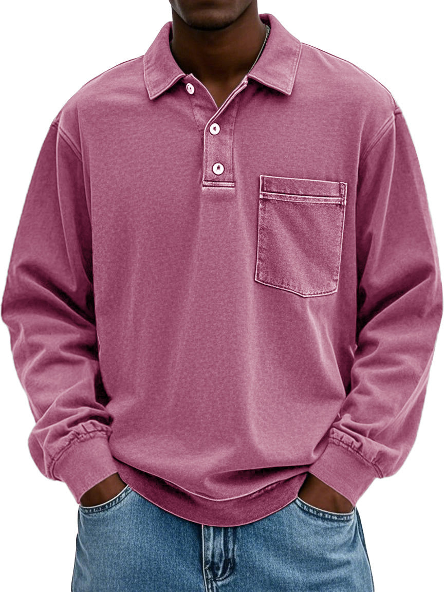 Men's Vintage Distressed Lapel Pocket Long Sleeve Polo Shirt