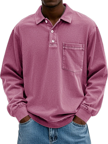Men's Vintage Distressed Lapel Pocket Long Sleeve Polo Shirt