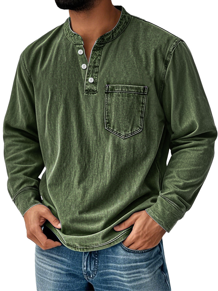 Men's Vintage Stand Collar Pocket Distressed Long Sleeve Henley Shirt