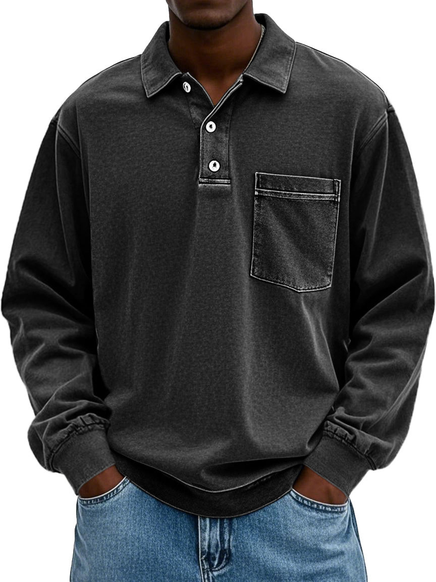 Men's Vintage Distressed Lapel Pocket Long Sleeve Polo Shirt