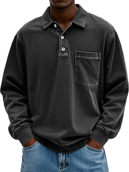 Men's Vintage Distressed Lapel Pocket Long Sleeve Polo Shirt