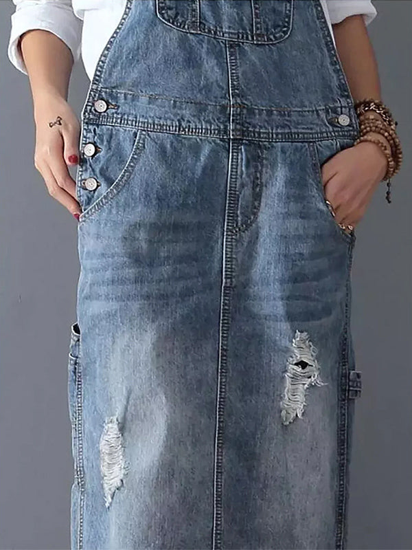 Newport Reserve I Distressed Denim Overall Dress with Back Slit