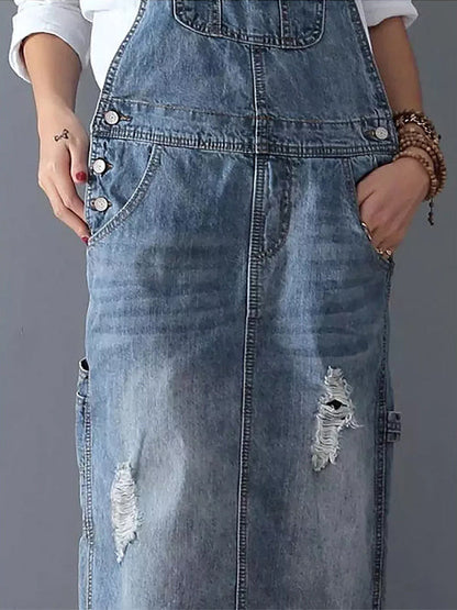 Newport Reserve I Distressed Denim Overall Dress with Back Slit