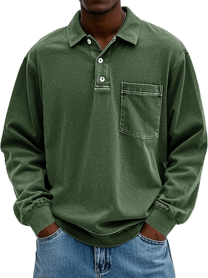 Men's Vintage Distressed Lapel Pocket Long Sleeve Polo Shirt