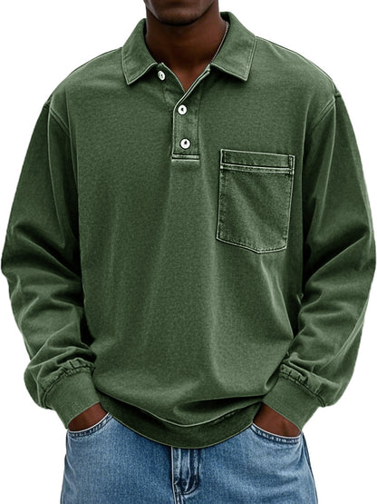 Men's Vintage Distressed Lapel Pocket Long Sleeve Polo Shirt