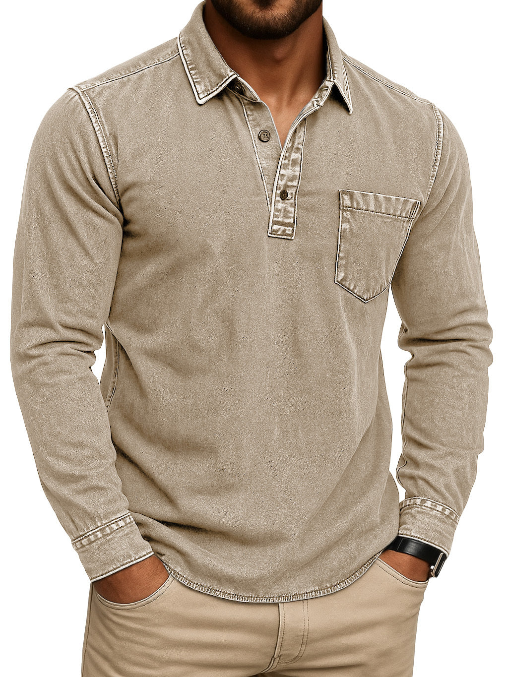 Men's Vintage-Inspired Outdoor Distressed Pocket Stand Collar Long Sleeve Polo Shirt