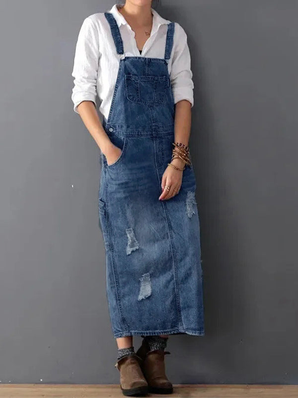 Newport Reserve I Distressed Denim Overall Dress with Back Slit