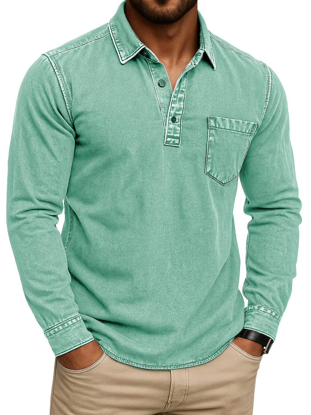 Men's Vintage-Inspired Outdoor Distressed Pocket Stand Collar Long Sleeve Polo Shirt