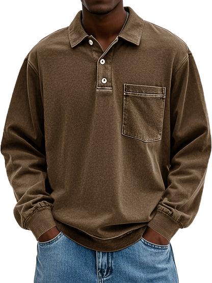 Men's Vintage Distressed Lapel Pocket Long Sleeve Polo Shirt