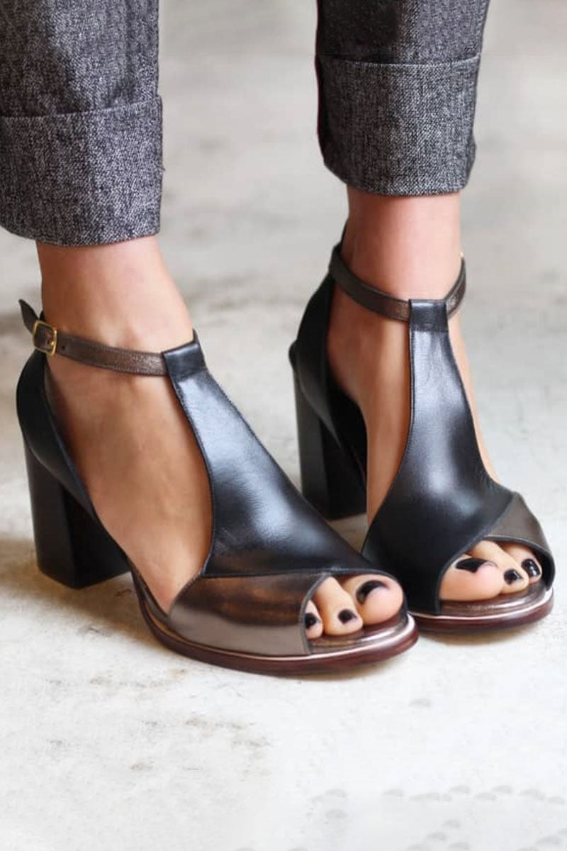 Anyao™ Elegant Heeled Sandals with Open Toe in Black Patchwork – Perfect for Any Occasion