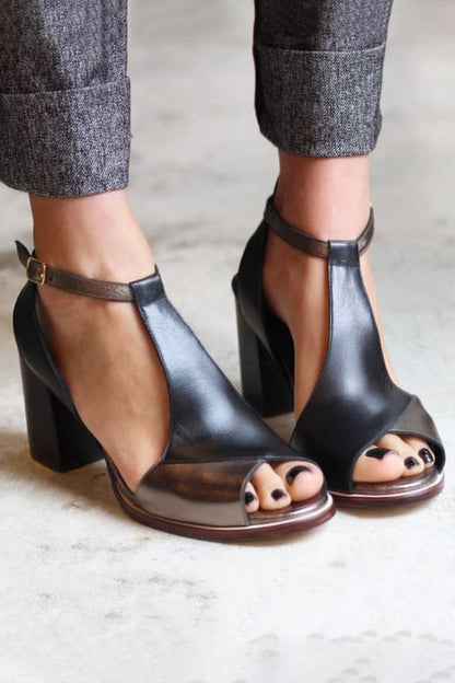 Anyao™ Elegant Heeled Sandals with Open Toe in Black Patchwork – Perfect for Any Occasion