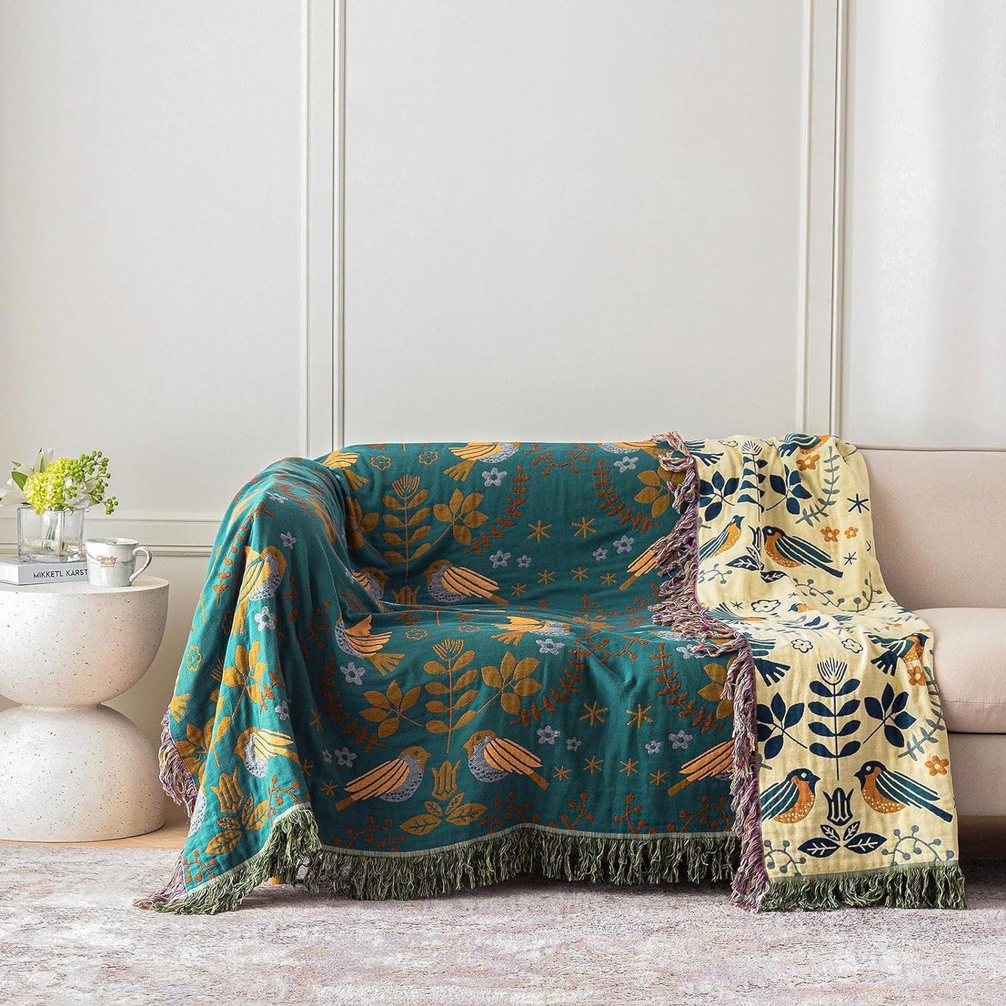 Reversible Scandinavian Bird Throw Blanket