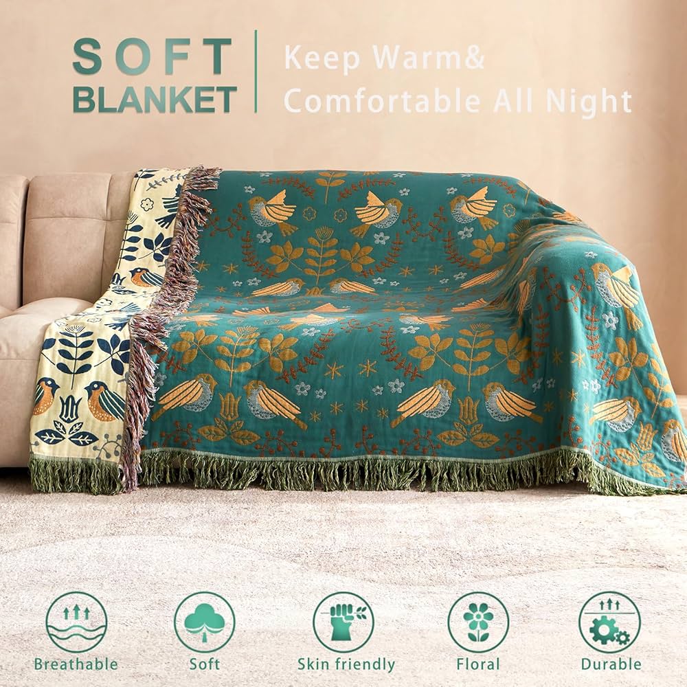 Reversible Scandinavian Bird Throw Blanket