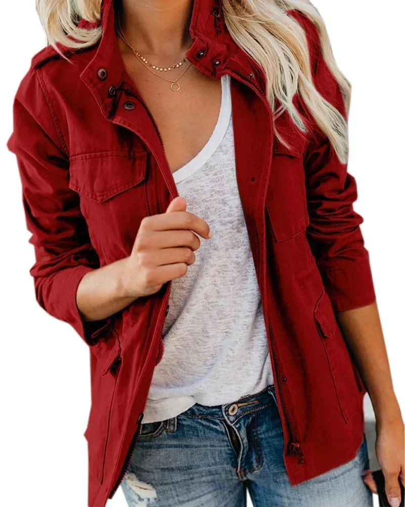 Emily Women's Casual Military-Style Jacket with Functional Pockets