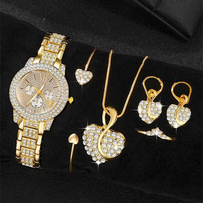 Women'S Quartz Watch Gold Luxury Women Ring Necklace Earring Rhinestone Fashion Wristwatch Casual Ladies Watches Jewelry Set