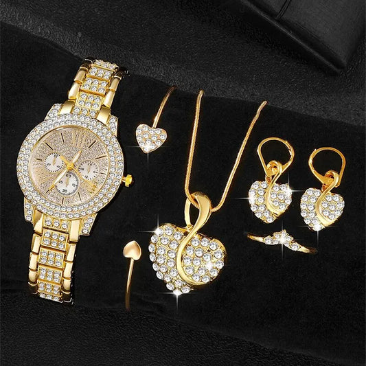 Women'S Quartz Watch Gold Luxury Women Ring Necklace Earring Rhinestone Fashion Wristwatch Casual Ladies Watches Jewelry Set