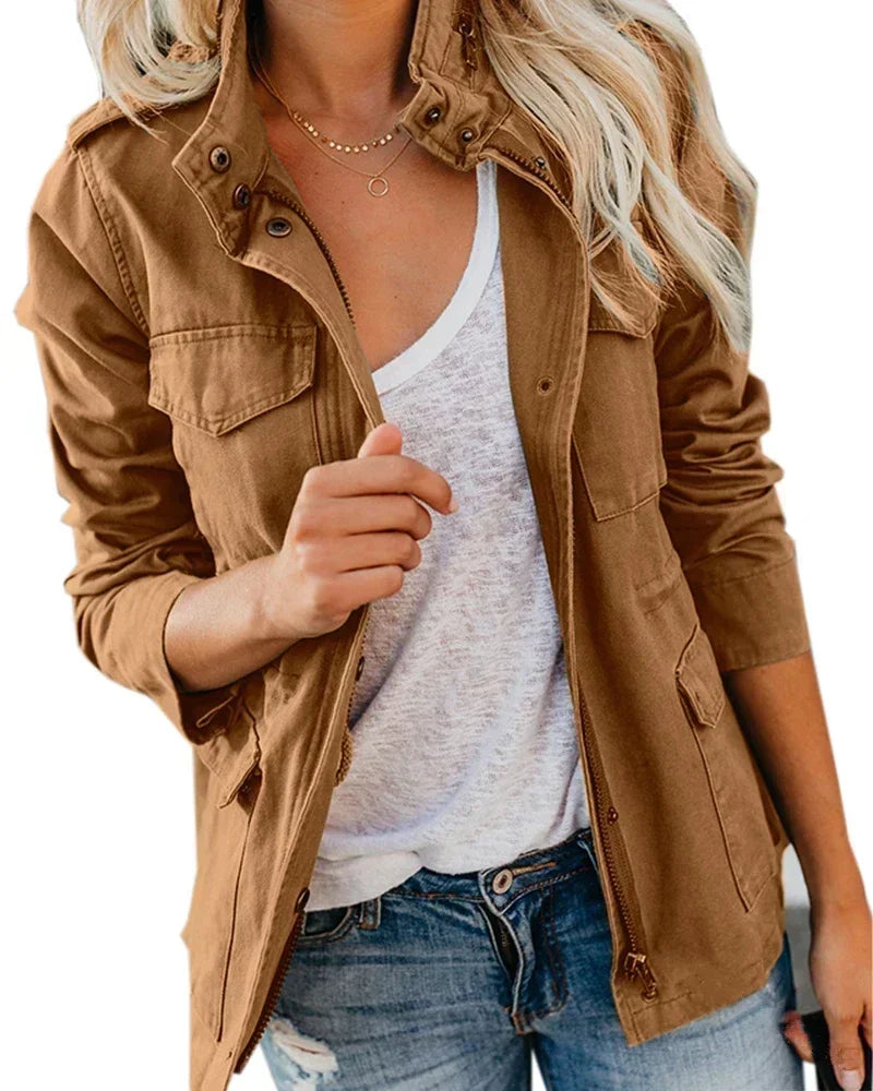 Emily Women's Casual Military-Style Jacket with Functional Pockets