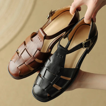 Narrow band braided T-strap Flats Sandals