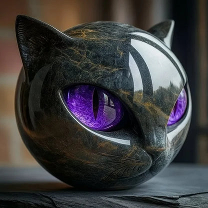Mystical Black Cat Head Sculpture with Glossy Marble Finish