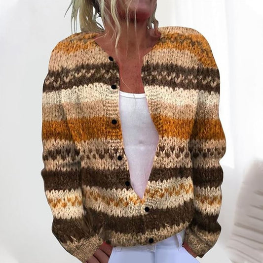 Tova Brown Striped Cardigan – Soft Cozy Knit Sweater for Women